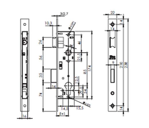 Serrure S.C. Loquet/Loquet droit 35 FR. Chromé.