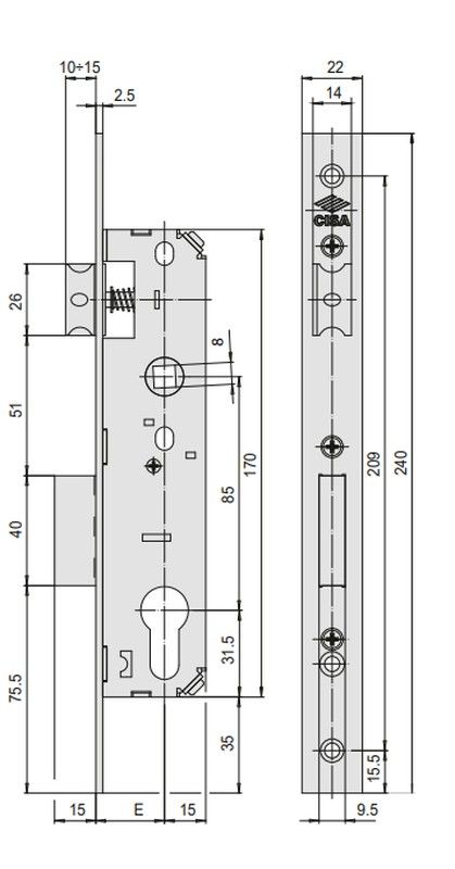 Cerradura sin cilindro llave/manivela pestillo recto