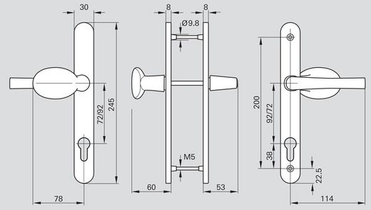 Jeu de poignées à plaque longue + bouton 8/92