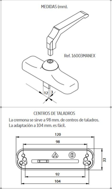 Poignée de crémone amovible